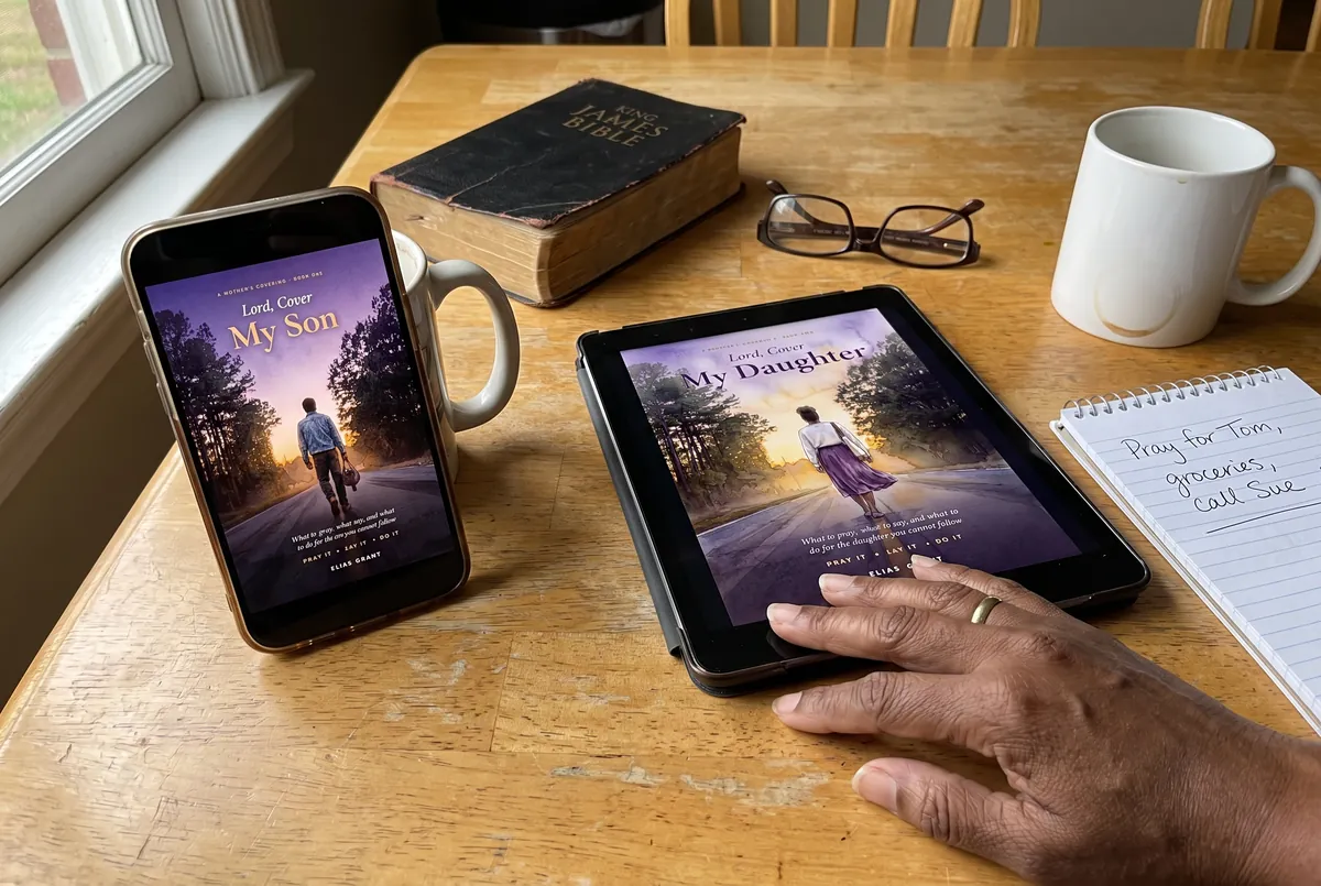 Both books open on a phone and a tablet on a kitchen table beside a Bible and coffee