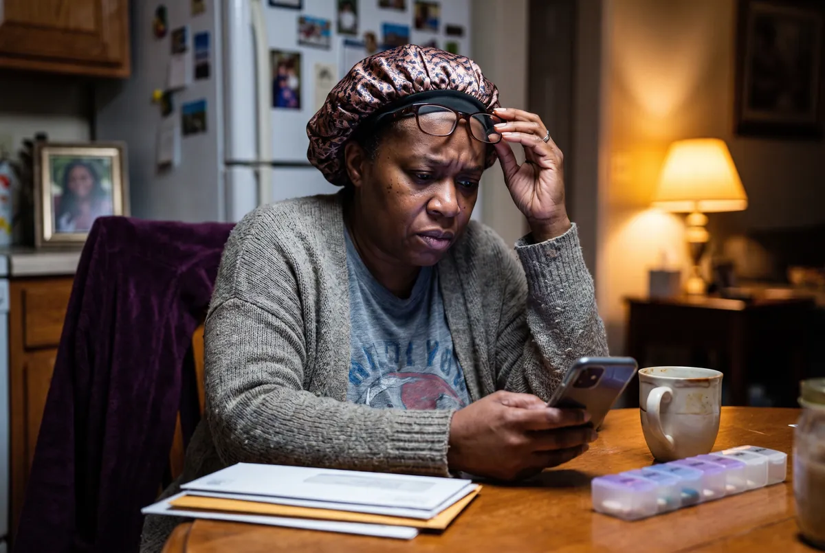 A Black woman in her late 50s at her kitchen table at night, her face lit by her phone